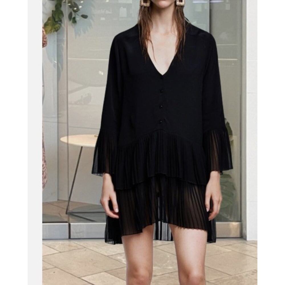 Zara Tiered Pleated Chiffon Black Tunic/Drees Size Small‎ Womens
